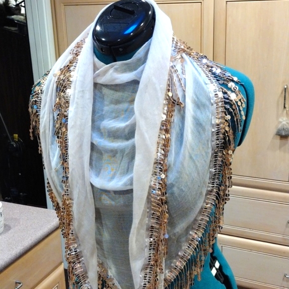 ✨Vintage Silk Scarf With Gold Sequin Fringe - Picture 5 of 8